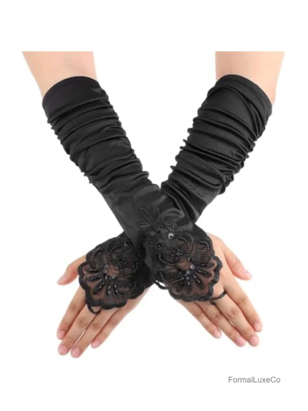 Women's Satin Fingerless Opera Gloves with Beaded Floral Design - Bridal Party